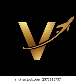 Glossy Gold Lowercase Letter V Icon with an Airplane on a Black Background