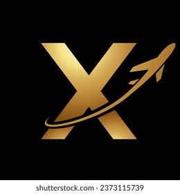 Glossy Gold Lowercase Letter X Icon with an Airplane on a Black Background