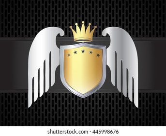 glossy gold metal winged shield symbol with crown / dark background vector illustration