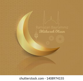 Glossy and gold moon and mosque with islamic pattern on gold background and "Ramazan bayraminiz mubarek olsun" Translate: ramadan kareem. Vector Illustration. Eps 10.