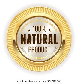Glossy gold natural product badge on white background