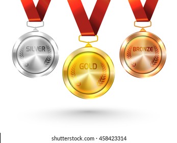 Glossy Gold, Silber und Bronze Medaillen mit Band auf weißem Hintergrund, Konzept für Spiele.