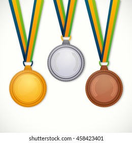 Glossy Gold, Silver and Bronze Medals with Ribbon on white background, Concept for Games.