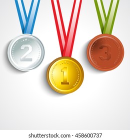 Glossy Gold, Silver and Bronze Medals with Ribbon showing First, Second and Third Place in Sport Competition, Concept for Games. 