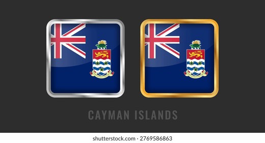 Glossy gold and silver square emblems showcasing the flag of the Cayman Islands. Perfect for regional product certification, luxury branding, and travel marketing.