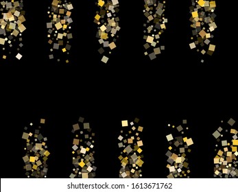 Glossy gold square confetti sparkles scatter on black. Rich Christmas vector sequins background. Gold foil confetti party glitter space. Overlay particles invitation backdrop.