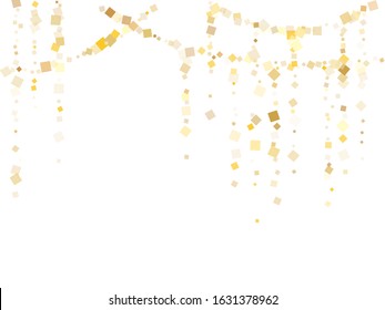 Glossy gold square confetti tinsels flying on white. VIP Christmas vector sequins background. Gold foil confetti party elements pattern. Square particles party background.