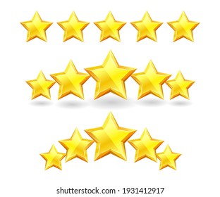 Glossy gold star rating award, success rate, class insignia. Set of achievement certificate decoration, feedback rank, appraisal and choice star shape vector illustration isolated on white background