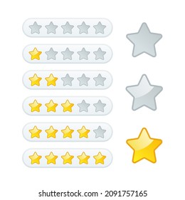Glossy gold star shape icon. Stars rating panel template design for web and applications. Vector collection. Five-star rating panels. Grey star shapes