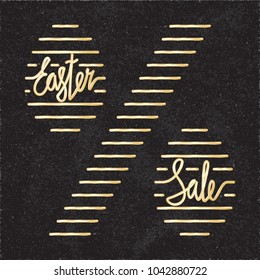 Glossy Gold Style Percent Sign Logo and Easter Sale Lettering in Egg Shapes Created by Repeating Horizontal Lines - Golden Elements on Black Rough Paper Background - Vector Gradient Graphic Design