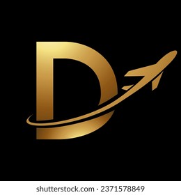 Glossy Gold Uppercase Letter D Icon with an Airplane on a Black Background