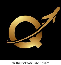 Glossy Gold Uppercase Letter Q Icon with an Airplane on a Black Background