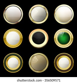 Glossy and gold vintage labels . Colored stones set in gold. Brown stones with different shades. Vector labels for text on black background