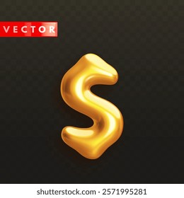 Glossy golden 3d dollar icon isolated on transparent dark background. Usd currency symbol. Sign of finance, investments and savings. Vector illustration