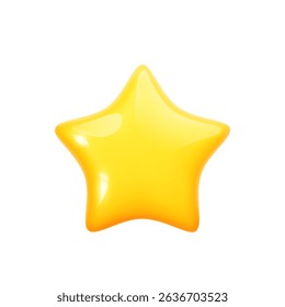 Glossy golden 3d star realistic style rendering. Feedback symbol icon. Yellow cartoon plastic icon star isolated on white background. Vector illustration