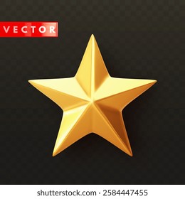 Glossy golden 3d star with shadow in realistic style. Feedback and leadership symbol icon. Yellow metallic trophy star isolated on black background. Vector illustration
