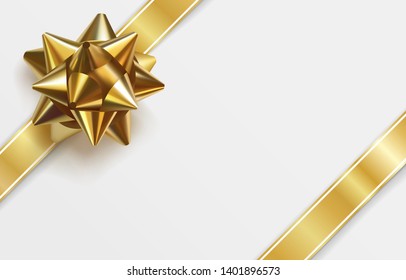 Glossy golden bow. Realistic vector illustration. Glowing bow with two gold ribbons isolated on white background. Festive decorative element for design. Holiday gift decoration. Greeting card template