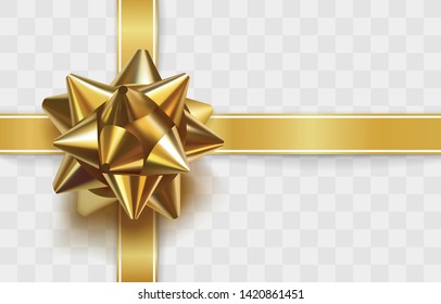 Glossy golden bow. Realistic vector illustration. Glowing bow with crossing gold ribbons isolated on transparent background. Festive decorative element. Holiday gift decoration. Greeting card template