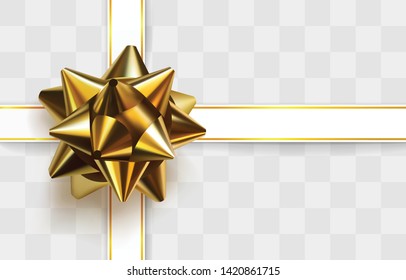 Glossy golden bow. Realistic vector. Glowing bow with crossing white ribbons isolated on transparent background. Festive decorative element. Holiday ornament of gift decoration. Greeting card template