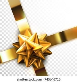Glossy golden bow. Realistic vector illustration. Glowing bow with crossing ribbons isolated on white transparent background. Festive decorative element for design. Holiday ornament of gift decoration