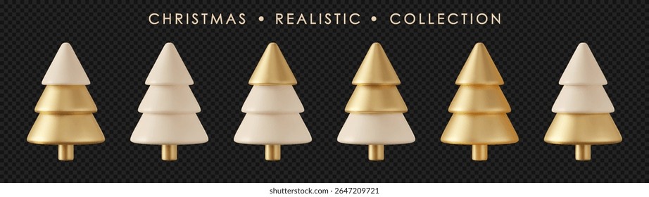 Glossy golden Christmas tree 3d vector set. Realistic pine shapes with sparkling isolated. Vector icons for New Year design, invitations, web decor.