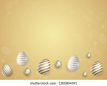 Glossy golden easter celebration background with illustration of realistic eggs.
