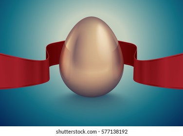 Glossy golden egg with red winding tape. Turquoise deep retro ribbon background idea. Vintage banner, card, poster for Easter, business benefit concept.