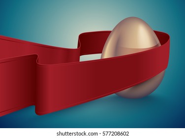 Glossy golden egg with red winding tape. Turquoise deep retro ribbon background idea. Vintage banner, card, poster for Easter, business benefit concept.