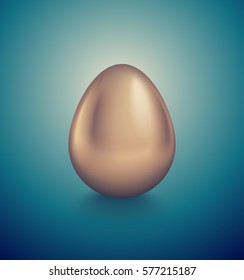 Glossy golden egg. Turquoise deep retro background. Vintage banner, card, poster for Easter, business benefit concept.
