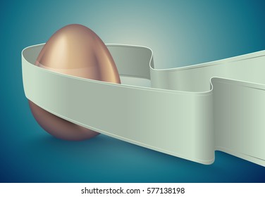 Glossy golden egg with white winding tape. Turquoise deep retro ribbon background idea. Vintage banner, card, poster for Easter, business benefit concept.