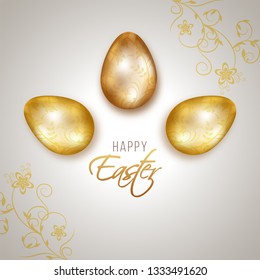 Glossy golden eggs on floral decorated background for Happy Easter celebration. Can be used as poster or greeting card design.