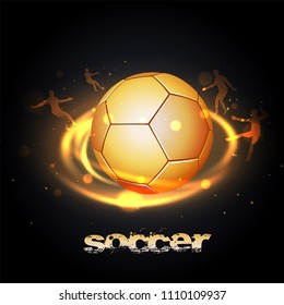 Glossy golden football and Soccer text on black background.