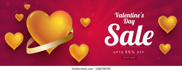 Glossy golden heart shapes decorated sale banner design with 55% discount offer for Valentine's Day celebration.