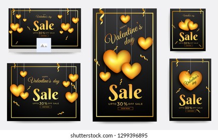 Glossy golden heart shapes hanging on background with 30% discount offer. Social media header and template design for Valentine's Day sale.