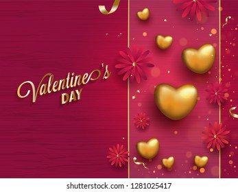 Glossy golden heart shapes and paper cut flowers decorated wooden texture background for Valentine's day poster or banner design.