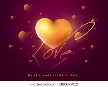 Glossy Golden Hearts With Love Text On Dark Magenta Background For Happy Valentine's Day.