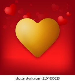 Glossy Golden Hearts On Red Background.