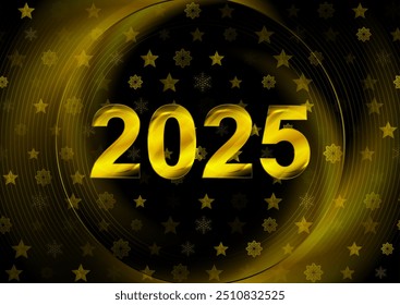 Glossy golden inscription 2025 on black background with snowflakes and stars. Bright orange smooth linear circle. New Year holiday vector design