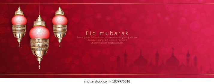 Glossy golden lanterns with text Eid Mubarak header or banner design. Muslim community festival celebrations.