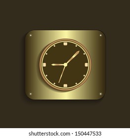 glossy golden metal clock. web icon button on metallic background