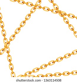 Glossy golden metal crossed chains on white, square background