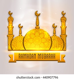 Glossy Golden Mosque with beautiful floral decoration and ribbon on shiny background for Islamic Holy Month of Prayer and Fasting Ramadan Mubarak celebration. 