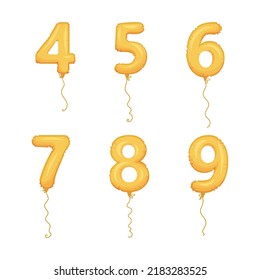 Glossy Golden Number Balloon with Hanging String Vector Set