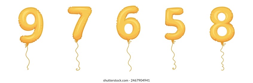 Glossy Golden Number Balloon with Hanging String Vector Set