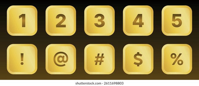 Glossy Golden Numeric and Symbol Icons – 3D Gradient UI Icons Featuring Digits 1 to 5 and Common Symbols Including Exclamation, At, Hash, Dollar, and Percent for Interface and Keyboard Design