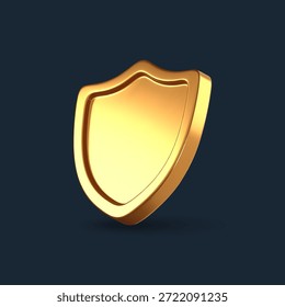 Escudo dourado brilhante emblemas em estilo 3D. Ícones de armadura metálica para sistemas seguros, proteção de dados, seguro e garantias de segurança.