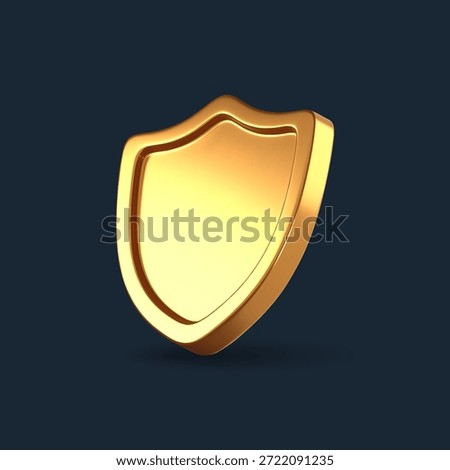 Glossy golden shield emblems in 3D style. Metallic armor icons for secure systems, data protection, insurance, and safety guarantees.