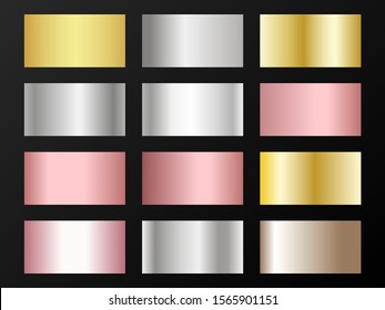 Glossy golden, silver, bronze, pink gold gradients. Metallic foil texture silver, steel, chrome, platinum, copper, bronze, aluminum, rose gold gradient swatches.  Shiny metallic swatch templates.