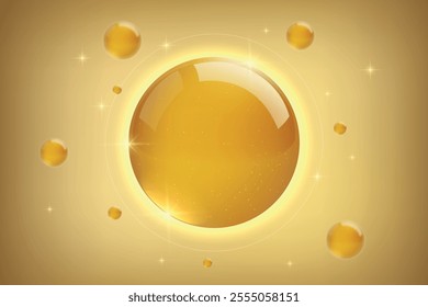 Glossy golden sphere surrounded by smaller orbs and sparkling light effects on a yellow background