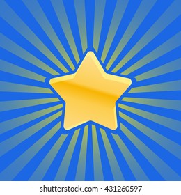 Glossy golden star with rays on blue background vector illustration. For your projects